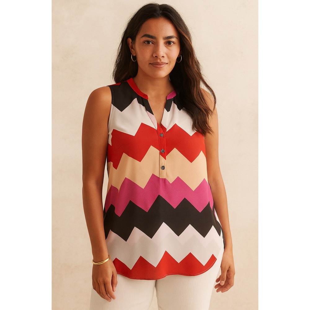 Milano Sleeveless‎ Blouse Red Pink Black Chevron Zigzag Womens Size Small